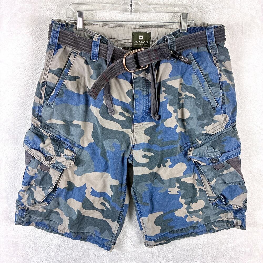 VTG Jet Lag Cargo Shorts Mens 38 Blue Camo Belted Paratrooper Baggy Military Y2K